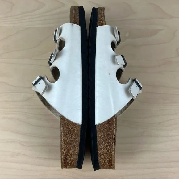 Birkenstock Women’s Size 39 / 8.0 Florida White Leather 3 Strap Cork Sandals - Picture 5 of 15